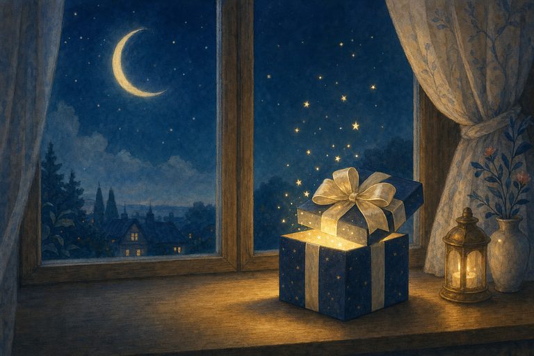 Ein Geschenk in nachtblauem Papier auf der Fensterbank, aus dem Sterne steigen